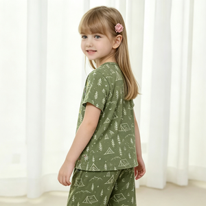 Conjunto de Pijama Estampado Verde para Niña, Ropa de Dormir de Viscosa de Manga Corta, Conjunto de 2 Piezas Personalizado para Niños, Ropa de Estar por Casa para Niños, Marcas de Pijamas - Product Image 4