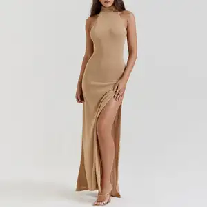 Glamorous Gold Knit Bodycon Maxi Dress Shimmering Solid Evening Wear High Fashion Luxe Party Outfit Customizable Statement Piece