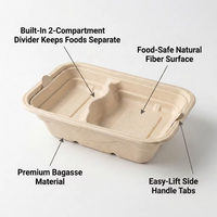 Ecologisch afbreekbare 2-delige binnenbak van suikerrietbagasse, compartimentenverdeler voor afhaalmaaltijden, deksel voor maaltijddoos