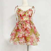 Robe Courte Vintage Décontractée en Mousseline de Soie pour Femme, Style Princesse, à Bretelles Fines, Imprimé Nœud, Sans Manches, avec Lacets, Collection Été, Vente en Gros pour Boutiques