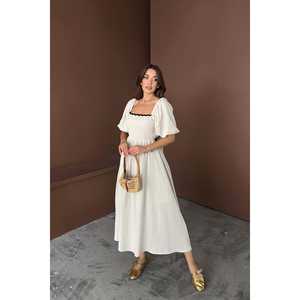 เดรสผ้าลินินสีเบจผูกหลัง ทรงหลวม เอวธรรมชาติ คอไขว้ ระบายอากาศได้ดี สวมใส่สบายๆ - Product Image 5