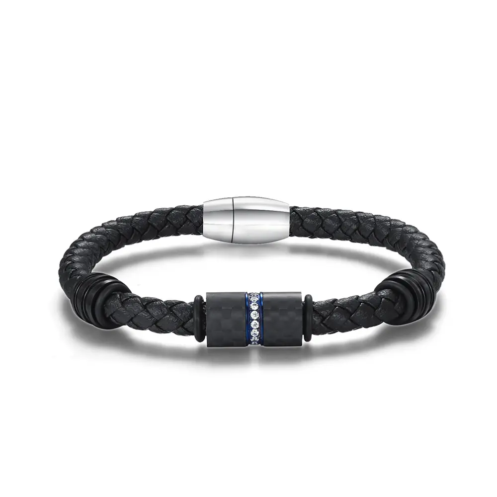 Shinus — Bracelet en cuir véritable, pour hommes, cordon en acier inoxydable, Fiber de carbone, incrustation métallique, de haute qualité, 316L