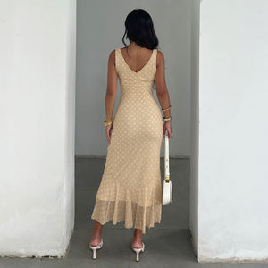 Vestido Largo de Verano Estilo Francés con Estampado de Puntos para Mujer, Cuello en V, Sin Mangas, con Volantes en el Bajo, Corte Ajustado, Maxi Vestido - Product Image 6