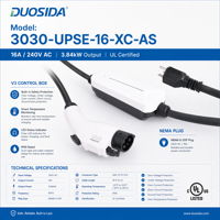   Chargeur EV Mode 2 J1772 16A 240V, faible consommation 3W en veille, ESG TPE 5m, auto-diagnostic, OEM Amérique du Nord