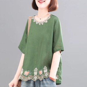 Women's Cotton <b>Linen</b> Short Sleeve <b>Top</b> Emerald Green Embroidery Vintage Casual Blouse Plus Size Summer Loose Fit T-Shirt - Product Image 1