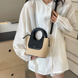 Sac à main tissé pour femme, sac bandoulière noir contrastant avec poignée supérieure, style mode - Product Image 6