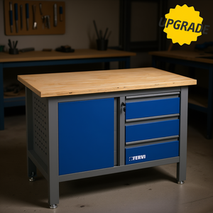 Kit de montaje de banco de trabajo Fervi con superficie de madera y cajones de almacenamiento azules para uso en taller - Product Image 3