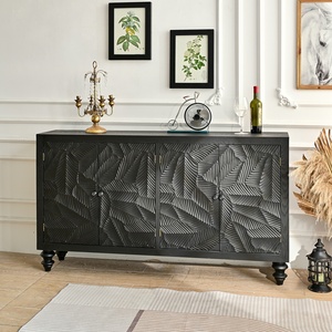 INNOVA HOME Farmhouse Dinning Room Handmade Wood Carved <strong>Black</strong> Rustic Living Room Storage <strong>Side</strong> <strong>Cabinet</strong> with 4 Doors - Product Image 1
