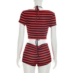 Viviblook J26ST161 <b>Women</b> Summer <b>Shorts</b> <b>Set</b> Sexy New Striped Printed Lace Up Bra <b>Short</b> Sleeve Top <b>Shorts</b> Three Piece <b>Set</b> - Product Image 3