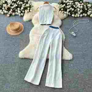 Ensembles vintage pour femmes : Crop top sans manches et pantalon en jean patchwork taille haute – Vente en gros - Product Image 3