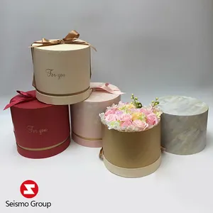 Commercio all'ingrosso di lusso personalizzato imballaggio di carta cilindro di cartone velluto rotondo cappello composizioni floreali rosa negozio scatola regalo con coperchio