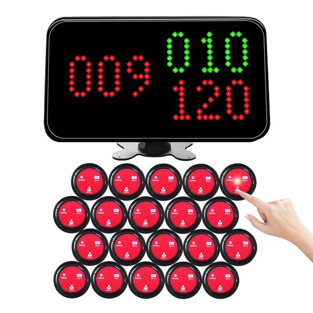 Electronic Restaurant Waiter Call System 3-Digit Number Display Host Receiver 20 Hookah Call Bell Button Voice Monitoring Pager