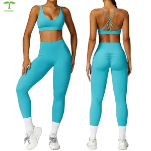Fabricante personalizado Mujeres gimnasio conjuntos Pantalones cortos Leggings Crop Top Yoga conjuntos Mujeres en forma de U Escote gimnasio desgaste conjuntos de las mujeres