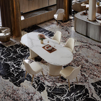 Ensemble de table à manger ovale moderne beige italien pour six personnes, bordure dorée, acier inoxydable, plateau en marbre, best-seller pour appartements et restaurants