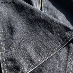 Veste en jean brut pour homme, demi-zip, col montant, rabat asymétrique, fermeture à crochet style pompier, poignets cloche, sangle, bordure selvedge, avant-gardiste - Product Image 5