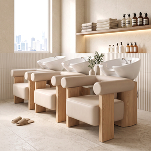 Fauteuil de lavage moderne personnalisé de haute qualité pour salon de beauté, avec bac en céramique, revêtement en cuir PU, repose-pieds réglable et dossier haute densité pour salon de coiffure - Product Image 1