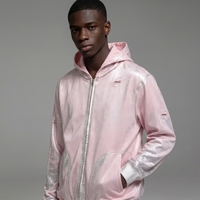 Sweat à capuche unisexe rose métallisé 100 % coton, style designer de luxe, coupe oversize, effet vieilli et déchiré, avec fermeture éclair argentée brillante, style streetwear