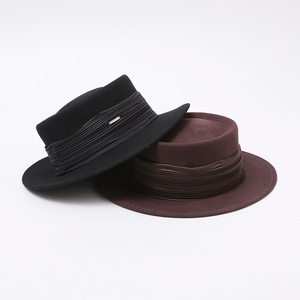 New Autumn <strong>Winter</strong> Luxury Wool Felt <strong>Hat</strong> Women Vintage Chic British Pleated Satin Trim Flat Top Premium Ceremony - Product Image 2