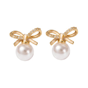 Pendientes de Perlas con Diseño de Lazo, Poste de Oro de 14k, Estilo Geométrico Coreano, Joyería para Mujer, Primavera 2026 - Product Image 5