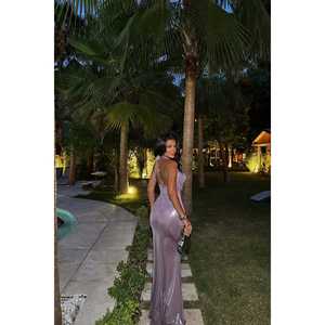 Robe de soirée formelle JOLIE en satin violet, coupe chic trapèze, manches courtes, décorations de sequins, taille empire, longueur ras du sol, taille XS - Product Image 2