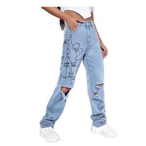 กางเกงยีนส์ทรงตรงขาตรงทรงหลวมสำหรับเด็กผู้หญิงผ้านุ่มลำลองแบบถักเอวสูง - Product Image 3