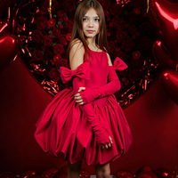 Gaun Pesta Anak Perempuan Model Cold Shoulder dengan Hiasan Pita Merah, Gaun Formal untuk Pertunjukan Piano, Ulang Tahun, dan Makan Malam