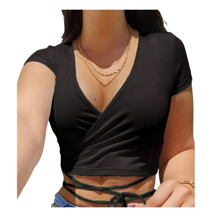 Wholesale summer sexy V-neck bandage solid color women's top fashion casual top women's T-shirt