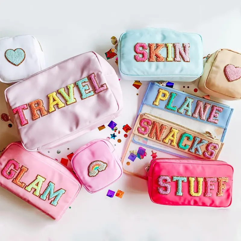 RTS Factory Price Nylon Waterproof Personalized Varsity Letter Patches Custom Women Girls Travel Toiletry Makeup Cosmetic Bag