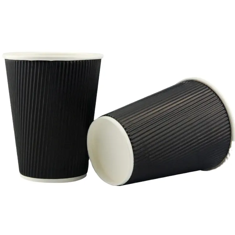 Custom Disposable 8oz/12oz/16oz Paper Cups PLA / PE Coated Ripple white black Double Wall Coffee Paper Cup