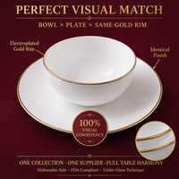 Service de table de luxe en porcelaine fine avec bord doré, comprenant bols et assiettes, pour hôtels et mariages, pour une mise en table complète, vente en gros OEM