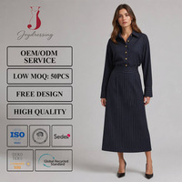 Robe chemise Joydressing à rayures verticales bleu marine pour femme, boutonnée, manches longues, longueur midi, pour le bureau, vente en gros OEM