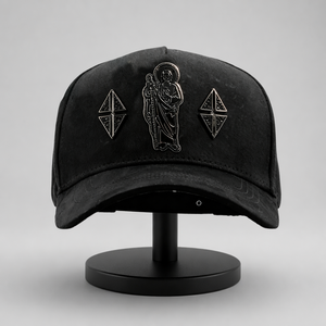 Casquette de baseball vintage noire délavée à 5 panneaux, style ethnique hip-hop, avec figurine <span class=keywords><strong>Saint</strong></span> Jude en métal argenté et écussons croix en cristal scintillant, respirante - Product Image 3