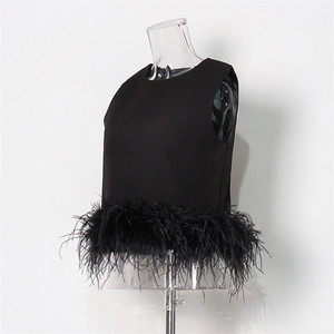 <span class=keywords><strong>Chaleco</strong></span> de <span class=keywords><strong>mujer</strong></span> estilo Hepburn, pluma de avestruz sintética de verano, cuello redondo recortado, ropa de abrigo corta de Color sólido, Top - Product Image 5