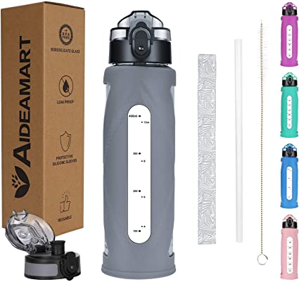 17oz Glass Water Bottle 2 Lids One Click Open and Motivational Water Bottles with Time Marker Reminder