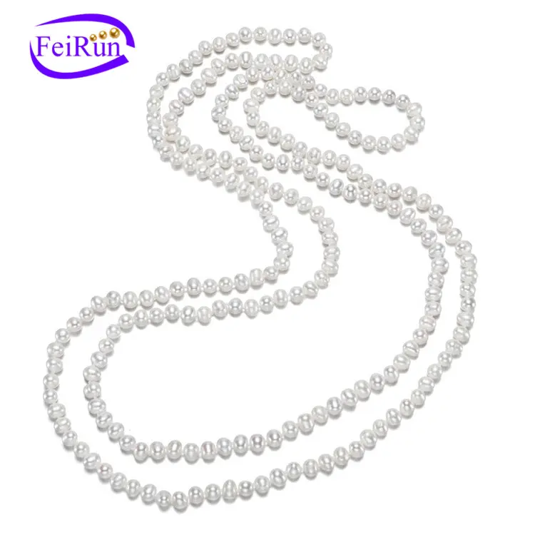 FEIRUN 6-7mm potato white color 60inches Women Natural Irregular Freshwater Pearl Necklace Long Knot