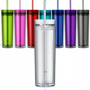 16oz Plastic Tumbler Cups Double Wall with Lid and Straw Mug Insulated Reusable Tumbler Clear Acrylic Skinny Tumbler