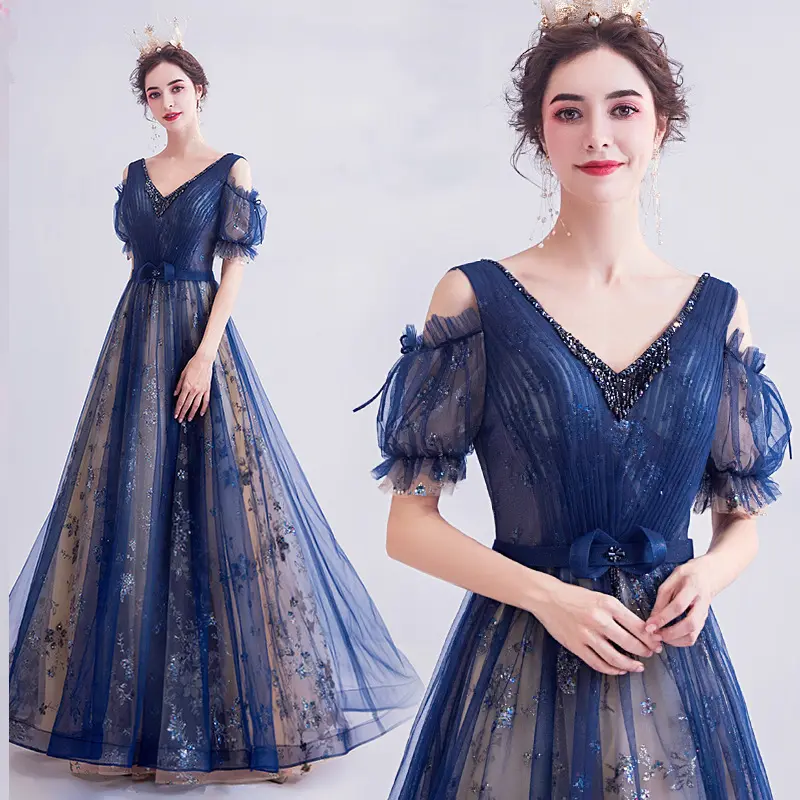 Light Luxury Niche Blue V-neck Evening Dresses Temperament Show Thin Blue V-neck Evening Dresses