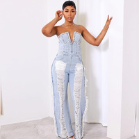 7637JR – combinaison en jean déchiré pour femme, nouvelle tenue de rue, épaules dénudées, sans manches, Sexy et élégante, printemps été