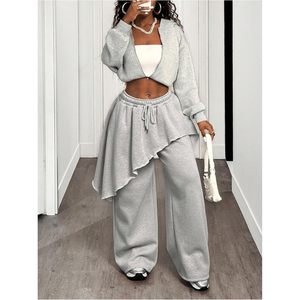FOXA Women's <b>Asymmetrical</b> <b>Hem</b> Wide Leg Pants Drawstring Waist Streetwear Trousers - Product Image 5