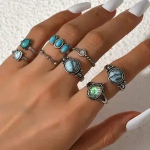 Go Party Bohemian Ethnic Style 8Pcs/Set Stackable Index Finger Ring Natural Stone Turquoise Carved Geometric Knuckle Rings Set