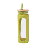 Bouteille d'eau transparente en verre à haute teneur en borosilicate avec manchon en silicone couvercle en bambou et paille