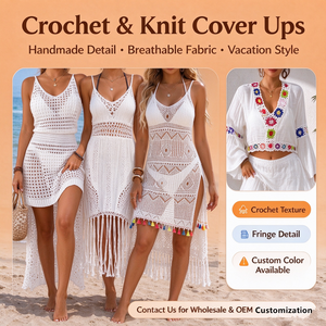 Damen Häkel-Strick Midi-Strandkleid V-Ausschnitt Langarm Urlaubsstil - Product Image 4