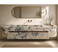 Meuble de salle de bain en marbre Calacatta Viola naturel de Turquie SH STONE avec lavabo intégré à bord ovale cannelé et tiroir, fixation murale