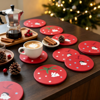 Sous-verre rond décoratif rouge de Noël en céramique imprimée UV, anti-rayures, avec dos en liège, logo personnalisé, pour table à manger et bar à café