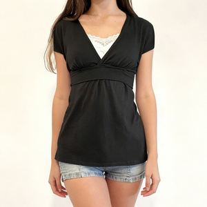 Camiseta de Manga Corta Dos en Uno con Encaje y Contraste de Color Estilo Francés para Mujer, Cintura Alta, Corte Ajustado, Línea A - Product Image 2