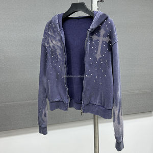 Sweat à capuche à fermeture éclair vintage surdimensionné personnalisé printemps Streetwear sweats à capuche lourds lavage à l'acide coton strass sweat à capuche zippé - Product Image 1