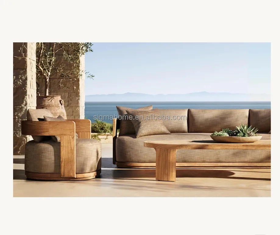 โรงงานลานโซฟาไม้เนื้อแข็งการออกแบบใหม่คลาสสิกไม้สักเฟอร์นิเจอร์กลางแจ้งสวนโซฟาชุด
