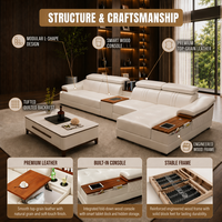 Sofa Sudut Modern Tiga Dudukan Berbentuk L dari Kulit Asli Warna Beige dengan Sandaran Kepala yang Dapat Disesuaikan, Penyimpanan Konsol, dan Pelapis Busa.