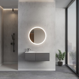 Mueble de Baño Flotante de PVC Gris Oscuro sin Tiradores con Doble Cajón y Espejo Redondo con Retroiluminación LED para Hogar y Hotel - Product Image 1
