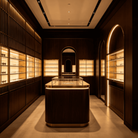 Solution complète d'aménagement pour magasin d'optique, Vitrine à lunettes en bois grainé avec peinture laquée, Vitrine murale rétroéclairée